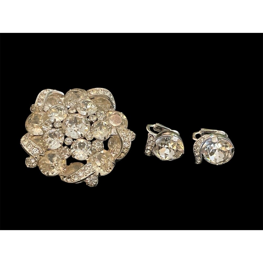 Eisenberg Vintage Brooch Clip & Earrings Austrian Rhinestone Crystal Silvertone